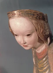 Jungfrau und Kind, Detail des Kopfes der Jungfrau, ca. 1400